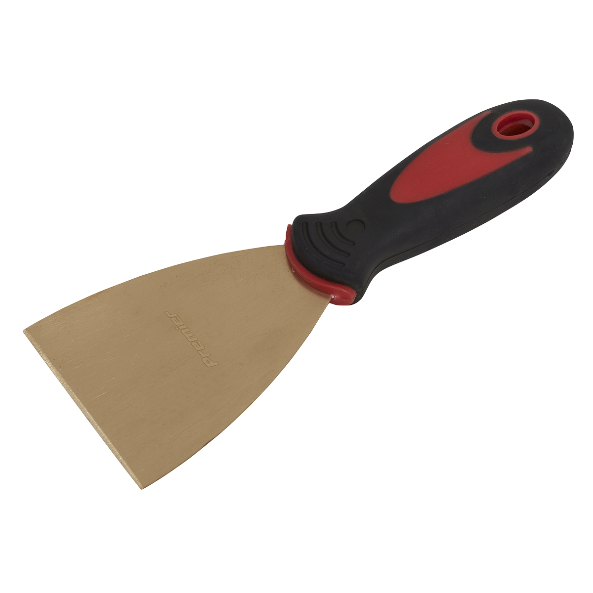 The Scraper 75 x 200mm - Non-Sparking - NS109 by Sealey is a metal putty knife with a black and red plastic handle, crafted from Beryllium Copper for added durability and safety.