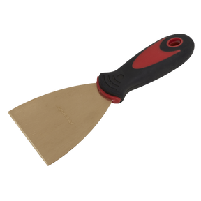 The Scraper 75 x 200mm - Non-Sparking - NS109 by Sealey is a metal putty knife with a black and red plastic handle, crafted from Beryllium Copper for added durability and safety.