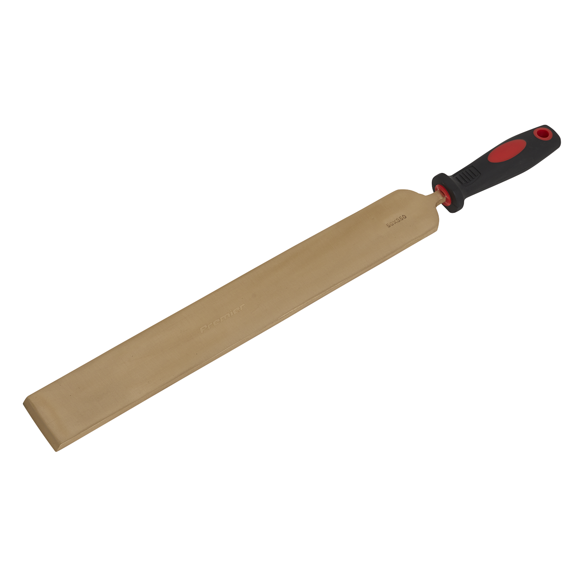 Introducing the Sealey Scraper Long 50 x 350mm - Non-Sparking (NS111), a professional-grade rectangular metal file designed with a wide, flat surface, complemented by a black handle with striking red accents.