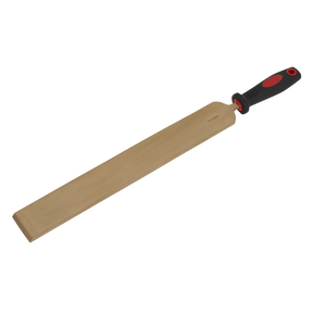 Introducing the Sealey Scraper Long 50 x 350mm - Non-Sparking (NS111), a professional-grade rectangular metal file designed with a wide, flat surface, complemented by a black handle with striking red accents.