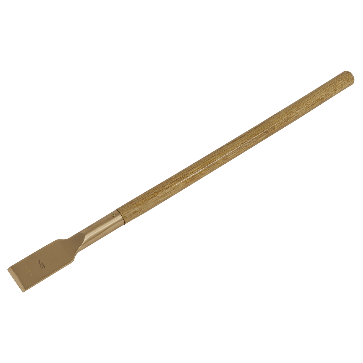 Sealey's Scraper Long Handle 50 x 690mm - Non-Sparking (NS112) features a wooden handle and a flat, precision-cast metal blade for non-sparking safety.