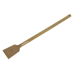 Introducing the Sealey Scraper Long Handle 100 x 720mm - Non-Sparking - NS114: a robust metal scraper designed with a lengthy wooden handle, perfect for professional applications. Engineered with non-sparking safety tools in mind, this product guarantees both efficiency and safety.