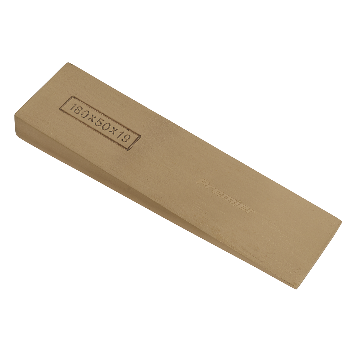 A rectangular, tan-colored sharpening stone with dimensions 180x50x19 etched on the side and labeled "Sealey Wedge 180 x 50 x 19mm - Non-Sparking - NS121," made from durable materials and backed by a lifetime guarantee.