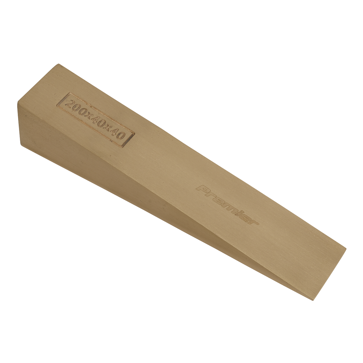 A tan, tapered rectangular block marked "200 x 40 x 40mm" and branded "Sealey," ideal for professional use and crafted from Beryllium Copper; this "Wedge 200 x 40 x 40mm - Non-Sparking - NS122" is perfect for non-sparking safety tools.