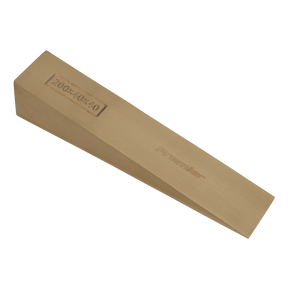 A tan, tapered rectangular block marked "200 x 40 x 40mm" and branded "Sealey," ideal for professional use and crafted from Beryllium Copper; this "Wedge 200 x 40 x 40mm - Non-Sparking - NS122" is perfect for non-sparking safety tools.