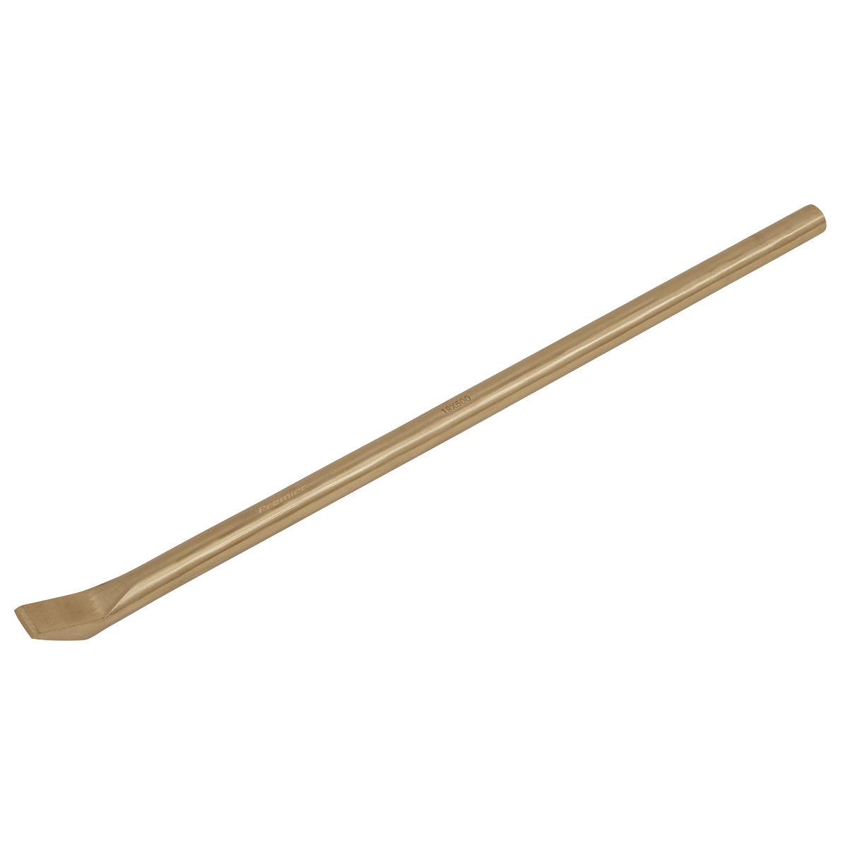 The Sealey Crowbar 19 x 500mm - Non-Sparking - NS123 is a metallic pry bar crafted from Beryllium Copper. It features a flat, angled tip and a cylindrical handle, making it ideal for leverage in prying tasks. As part of our non-sparking safety tools collection, this crowbar comes with a lifetime guarantee.