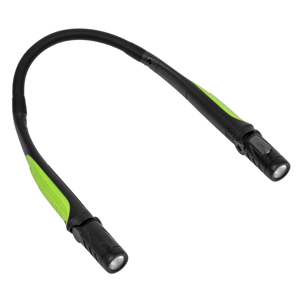 The Sealey Rechargeable Neck Torch 3W SMD LED - NT320LED is a flexible, black and green torch featuring 320 lumens LED with two adjustable light heads.