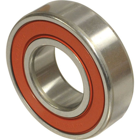 A close-up view of the NTN SNR Deep Groove Ball Bearing (62112RS) - S.129643 from Sparex, featuring red seals. This metallic and cylindrical bearing with a central hole comes with manufacture information ensuring its quality.