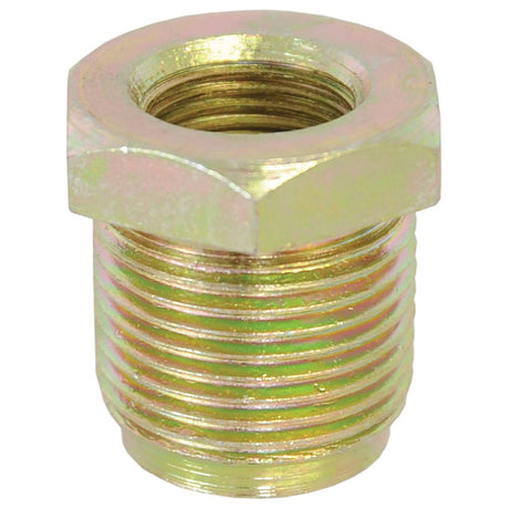 A metallic cylindrical threaded fitting with a wide hexagonal bolt head at the top, likely used for plumbing or machinery connections, this Nut - Front Axle (Sparex Part No. S.16030) from Sparex could find utility in systems like the front axle of a Massey Ferguson tractor.