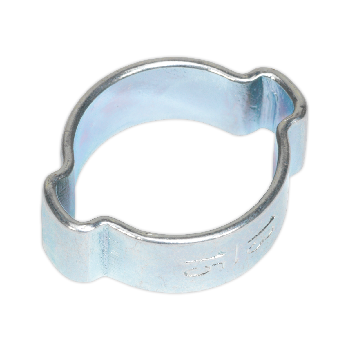 A close-up image of the Sealey O-Clip Double Ear Ø13-15mm, featuring a circular shape with a single protrusion for securing purposes, often used in hydraulic hose applications. Pack of 25 - OCDE1315.