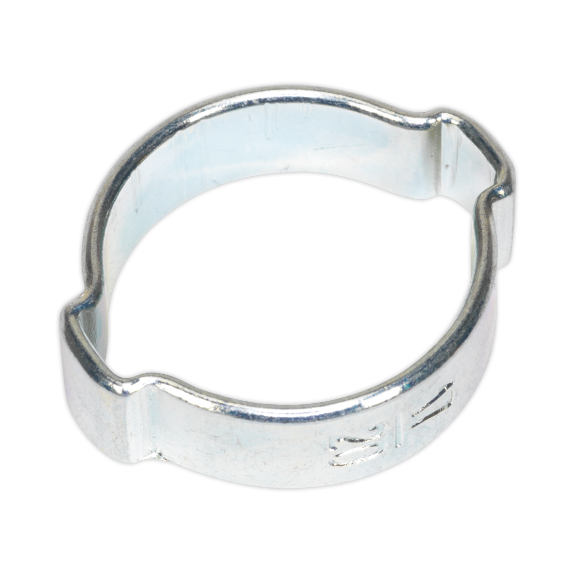 A Sealey O-Clip Double Ear Ø17-20mm, zinc-plated and featuring a slightly irregular circular shape with a small indentation, is ideal for securely fastening hydraulic hoses or tubes. This product ensures a reliable and sturdy connection. Pack of 25 - OCDE1720.