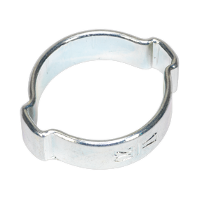 A Sealey O-Clip Double Ear Ø17-20mm, zinc-plated and featuring a slightly irregular circular shape with a small indentation, is ideal for securely fastening hydraulic hoses or tubes. This product ensures a reliable and sturdy connection. Pack of 25 - OCDE1720.