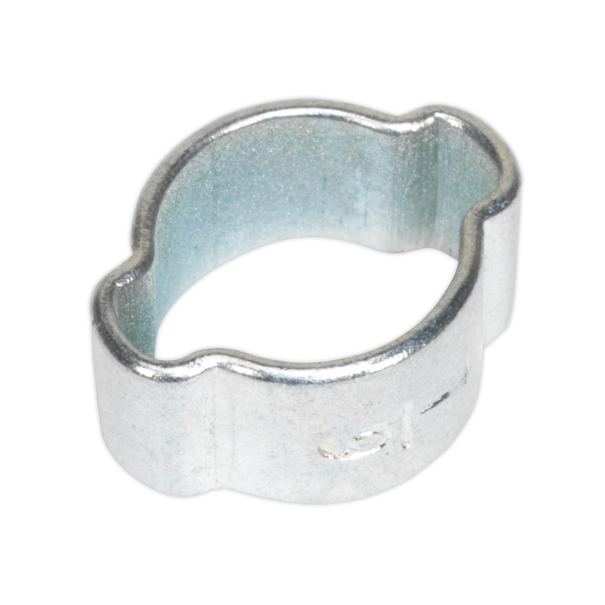 The Sealey O-Clip Double Ear Ø7-9mm (Pack of 25 - OCDE79) is a zinc-plated metal crimp ring with an irregular circular shape, used for securing PEX tubing in plumbing applications.