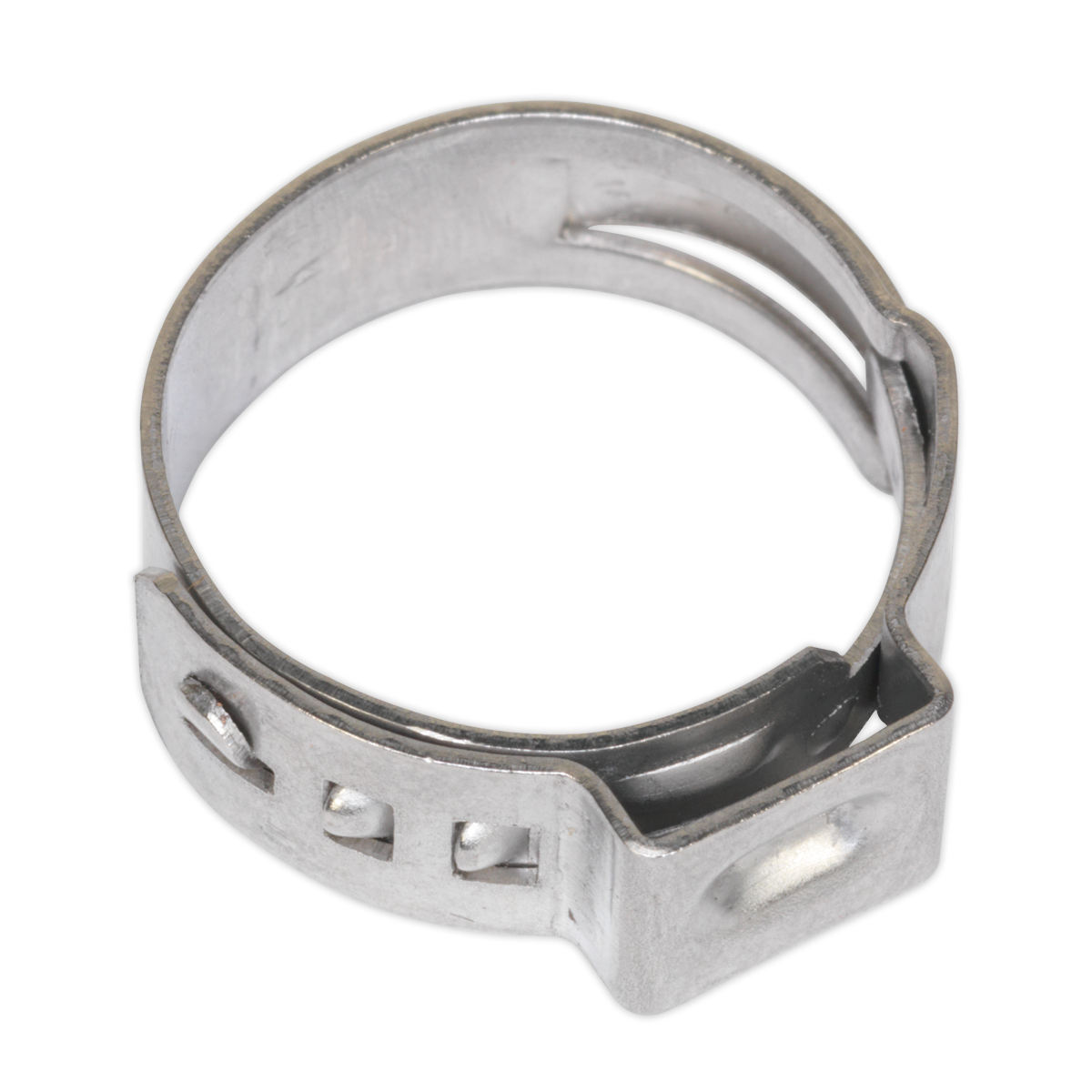 Introducing the Sealey O-Clip Single Ear Ø15.3-18.5mm (Pack of 25 - OCSE1517), a stainless steel clamp with an open-loop design and a screw-tightening mechanism, perfect for securing hydraulic hoses.