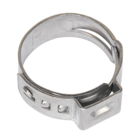 Introducing the Sealey O-Clip Single Ear Ø15.3-18.5mm (Pack of 25 - OCSE1517), a stainless steel clamp with an open-loop design and a screw-tightening mechanism, perfect for securing hydraulic hoses.