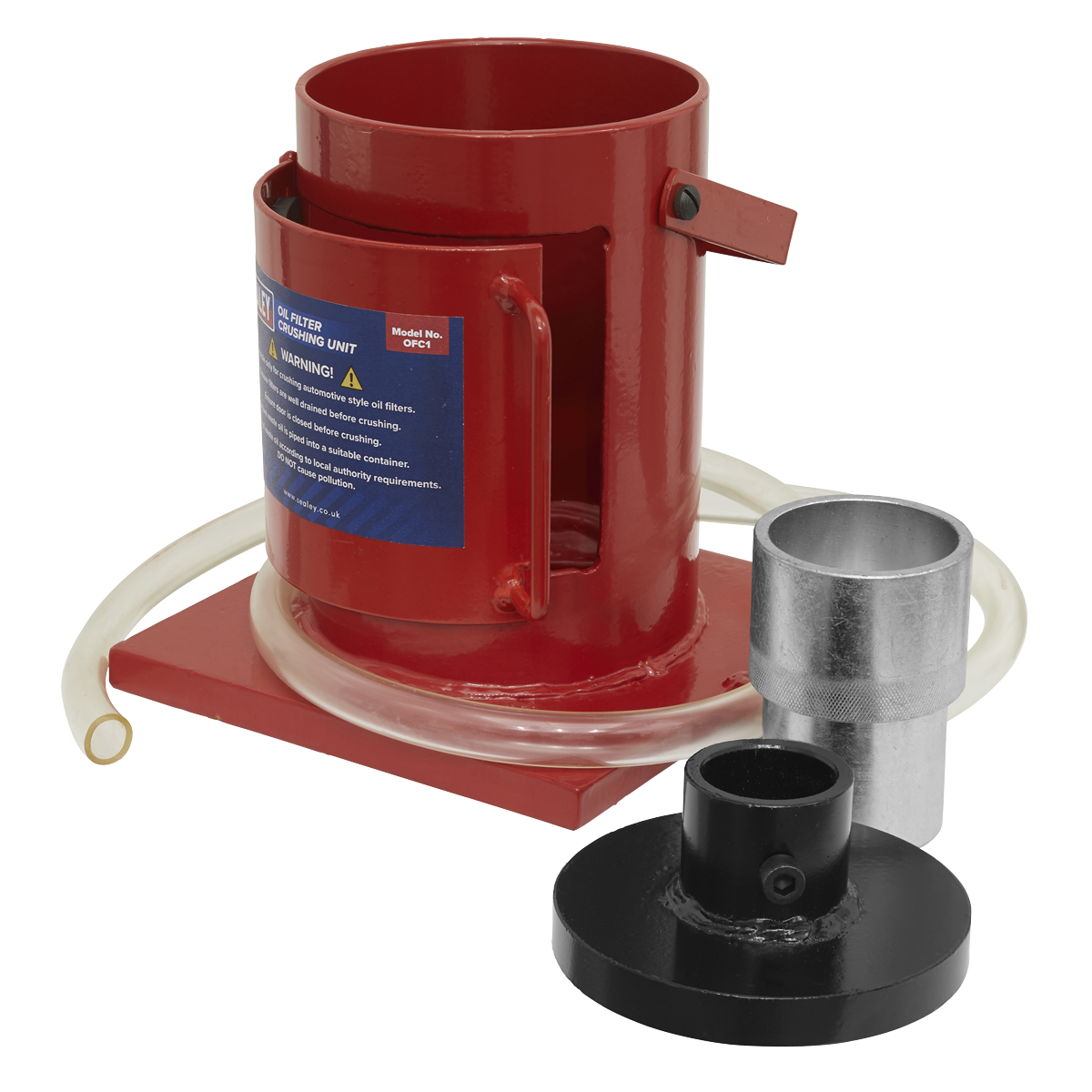 The Sealey Oil Filter Crushing Unit - OFC1, featuring a red fuel filter and blending unit with a metal attachment, black base, and flexible plastic tube, functions efficiently for hazardous waste disposal.