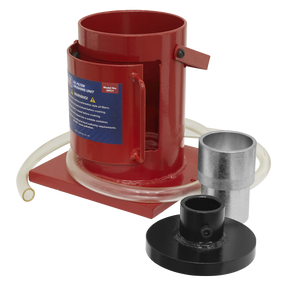 The Sealey Oil Filter Crushing Unit - OFC1, featuring a red fuel filter and blending unit with a metal attachment, black base, and flexible plastic tube, functions efficiently for hazardous waste disposal.