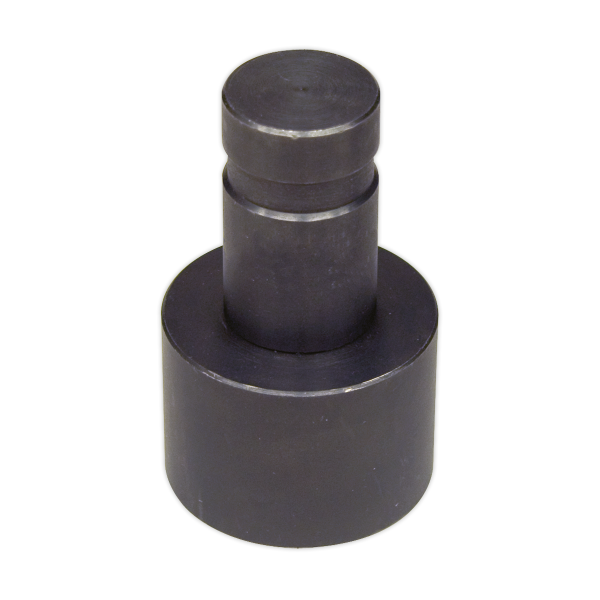 The Sealey Adaptor for Oil Filter Crusher Ø60 x 115mm - OFCA60 is a cylindrical metal part with a wider base and a narrower top section, featuring a groove around the middle of the upper part, perfect for Ø60mm rams used in bench and floor presses.