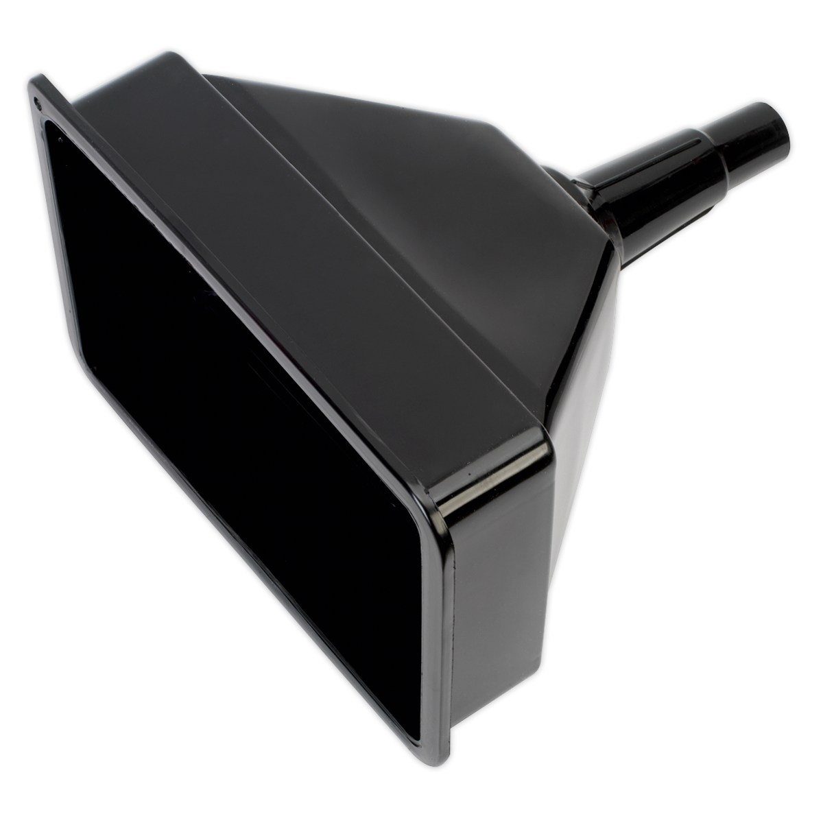 Sealey's Tractor Funnel with Debris Filter - OIL/TF, a black rectangular attachment with a narrow opening designed from high-density polyethylene, ideal for cleaning larger surfaces.