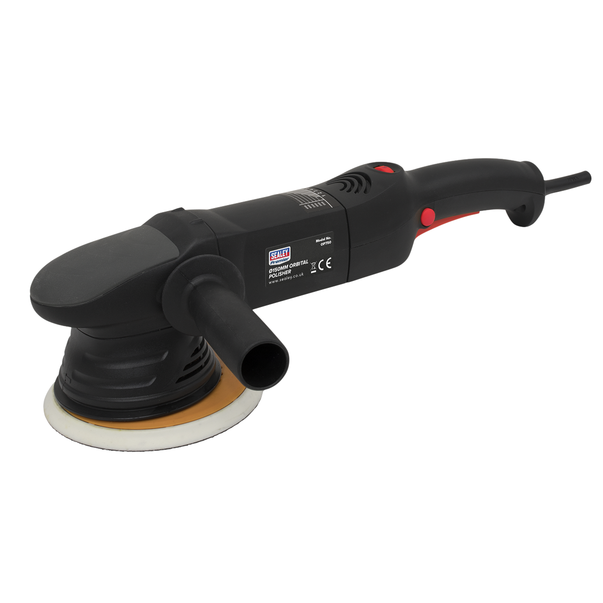 The Sealey Orbital Polisher Ø150mm 750W/230V - OP750 is a black power sander equipped with a handle, an electric cord, and polishing pads, making it perfect for any bodyshop.