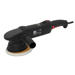 The Sealey Orbital Polisher Ø150mm 750W/230V - OP750 is a black power sander equipped with a handle, an electric cord, and polishing pads, making it perfect for any bodyshop.