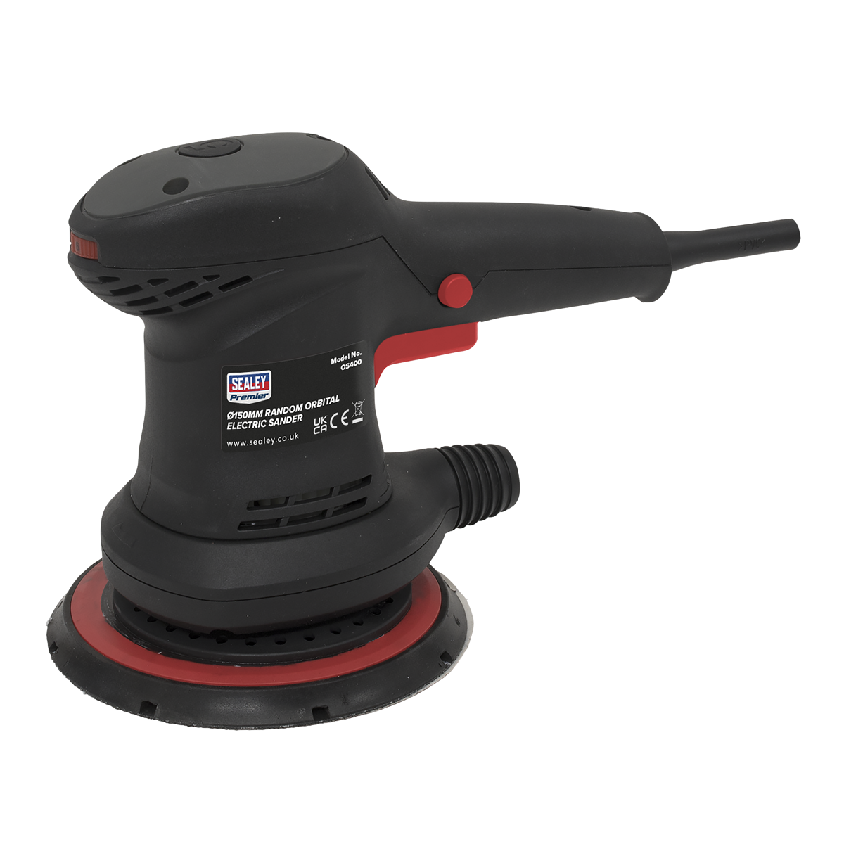 Picture of a Sealey Random Orbital Electric Sander Ø150mm 400W - OS400, showcasing an ergonomic black and red design with a comfortable rubberized grip. This sander features a 6-stage variable speed control, making it ideal for car body repairs. The cord is visible on one side of the device.