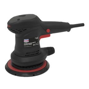 Picture of a Sealey Random Orbital Electric Sander Ø150mm 400W - OS400, showcasing an ergonomic black and red design with a comfortable rubberized grip. This sander features a 6-stage variable speed control, making it ideal for car body repairs. The cord is visible on one side of the device.