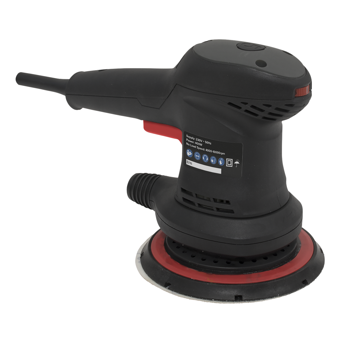 The Sealey Random Orbital Electric Sander Ø150mm 400W - OS400, featuring a black and red design, power cord, ergonomic rubberised grip, and 6-stage variable speed control, is placed against a white background.