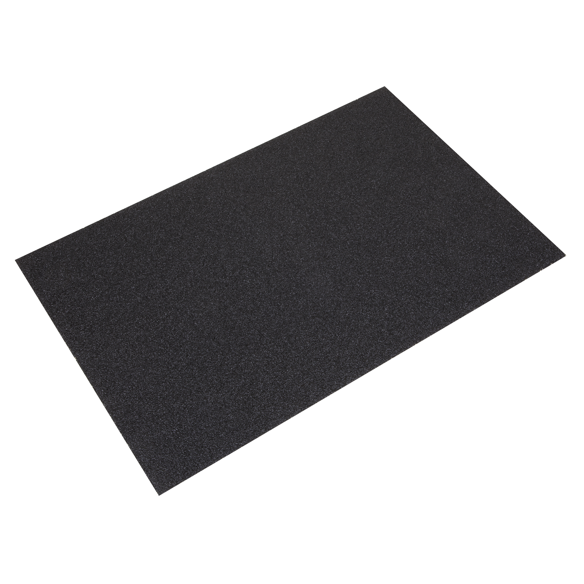 The Sealey Orbital Sanding Sheets, 12 x 18 inches and 36-grit (pack of 20), offer a rectangular, flat, black rubber mat with a rough texture that's perfect for use with an orbital sander.