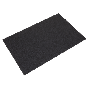 The Sealey Orbital Sanding Sheets, 12 x 18 inches and 36-grit (pack of 20), offer a rectangular, flat, black rubber mat with a rough texture that's perfect for use with an orbital sander.