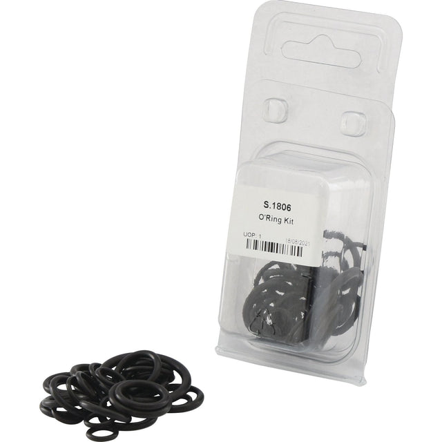 A clear plastic package labeled "O'Ring Kit | Sparex Part No.S.1806" with black O-rings inside and a few O-rings outside the package on a white background, suitable for General Purpose or Ford/New Holland applications.