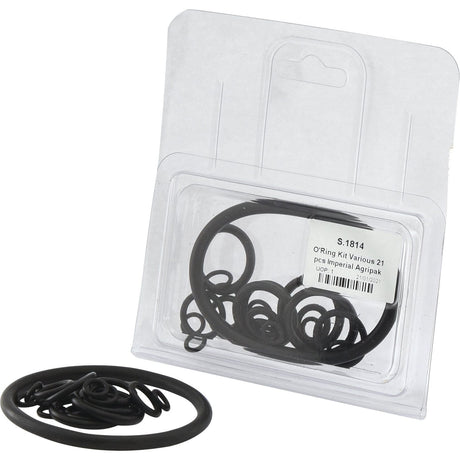 A clear plastic package containing 21 various sizes of black O-rings, perfect for your hydraulic system needs, with some O-rings displayed outside the package. This versatile Sparex O'Ring Kit (Part No. S.1814) is essential for any Case IH equipment maintenance.