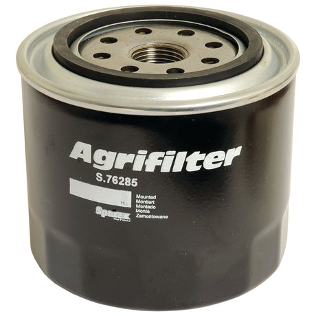 A black Sparex Oil Filter - Spin On (Sparex Part No. S.76285) with a metallic top and a central threaded hole for mounting.