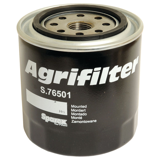 A black Spin On Oil Filter (Sparex Part No. S.76501), designed for agricultural machinery and compatible with Ford/New Holland, from the Sparex brand.