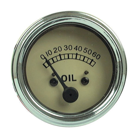 This Sparex Oil Pressure Gauge (Part No. S.42784) is a round analog gauge featuring a needle that indicates values between 0 and 60, with the word "OIL" written below the needle. It includes a Sparex fitting and is compatible with Massey Ferguson parts.