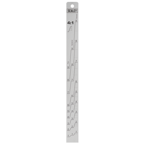 A Sealey Aluminium Paint Measuring Stick 2:1/4:1 features parallel lines and numeric scales marked for various angles. Its double-sided design ensures accurate ratios, and a hole at the top allows for convenient hanging, making it a versatile tool.
