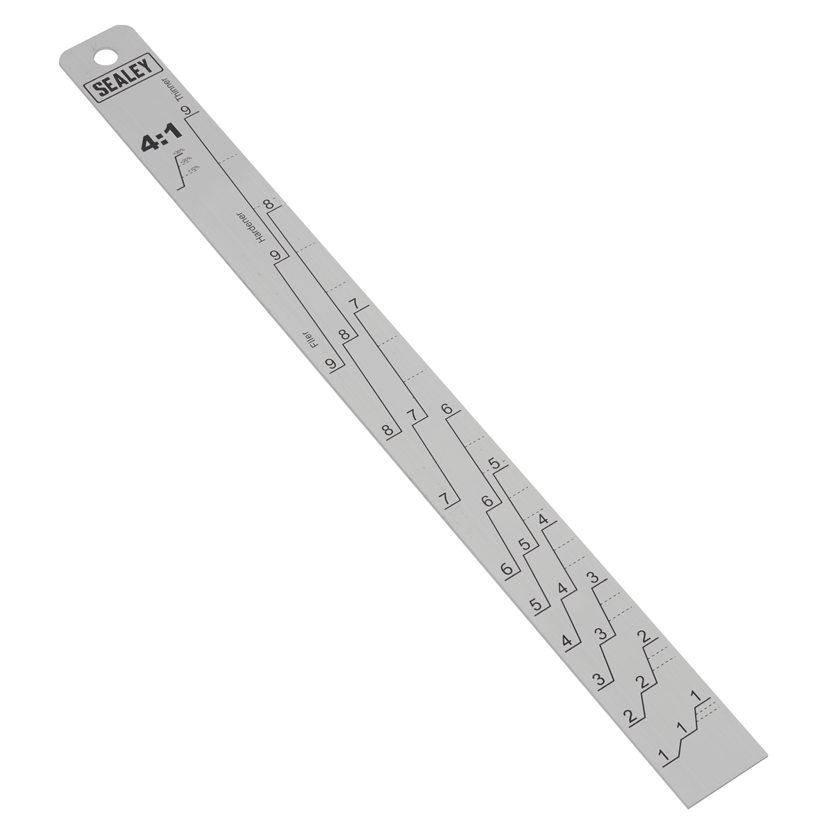 Sealey's Aluminium Paint Measuring Stick 2:1/4:1 - PA04 is a versatile tool featuring dual measurements displayed in both metric and imperial units.