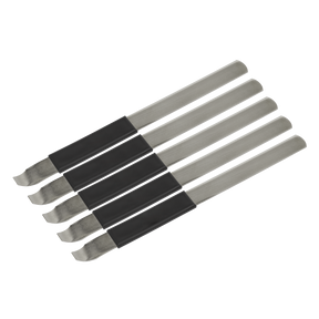 Five Sealey Paint Can Opener/Stirrers - Pack of 5 (PA05), made of durable carbon steel and featuring black handles, are arranged parallel to each other, each boasting a curved, flat-tip end for easy opening.