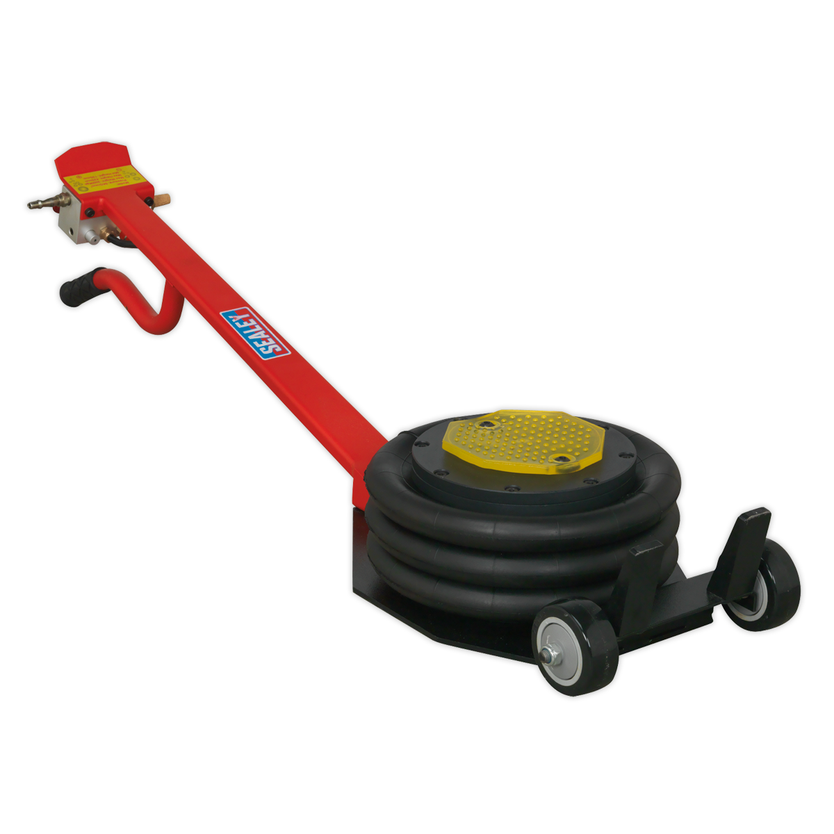 Introducing the Sealey Premier Air Operated Fast Jack 3 Tonne 3-Stage - Long Handle (PAFJ3): a red, portable pneumatic jack with wheels and a black air-filled lifting pad. Designed for durability with a high-resistant diaphragm, it is perfect for efficiently lifting vehicles.