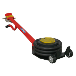 Introducing the Sealey Premier Air Operated Fast Jack 3 Tonne 3-Stage - Long Handle (PAFJ3): a red, portable pneumatic jack with wheels and a black air-filled lifting pad. Designed for durability with a high-resistant diaphragm, it is perfect for efficiently lifting vehicles.