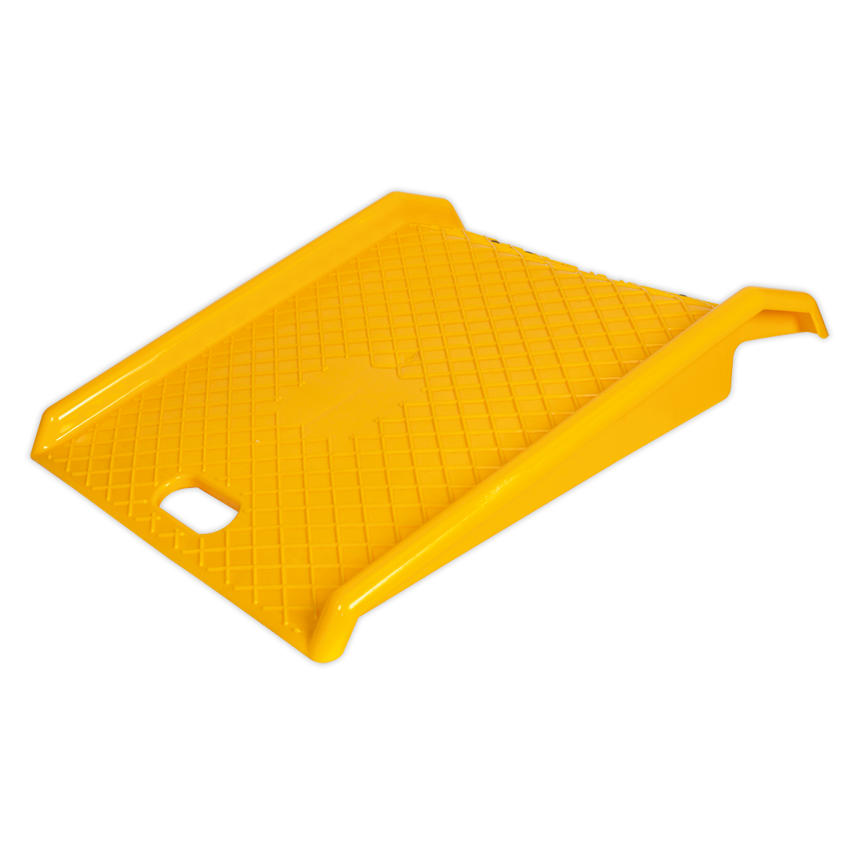 Introducing the Sealey Portable Access Ramp 450kg Capacity - PAR01, a durable yellow plastic ramp with a textured surface, designed for easy one-person transport and featuring a handle on the front edge for grip. Ideal for safely moving goods in snowy conditions, it’s built to last and can handle tough tasks effortlessly.