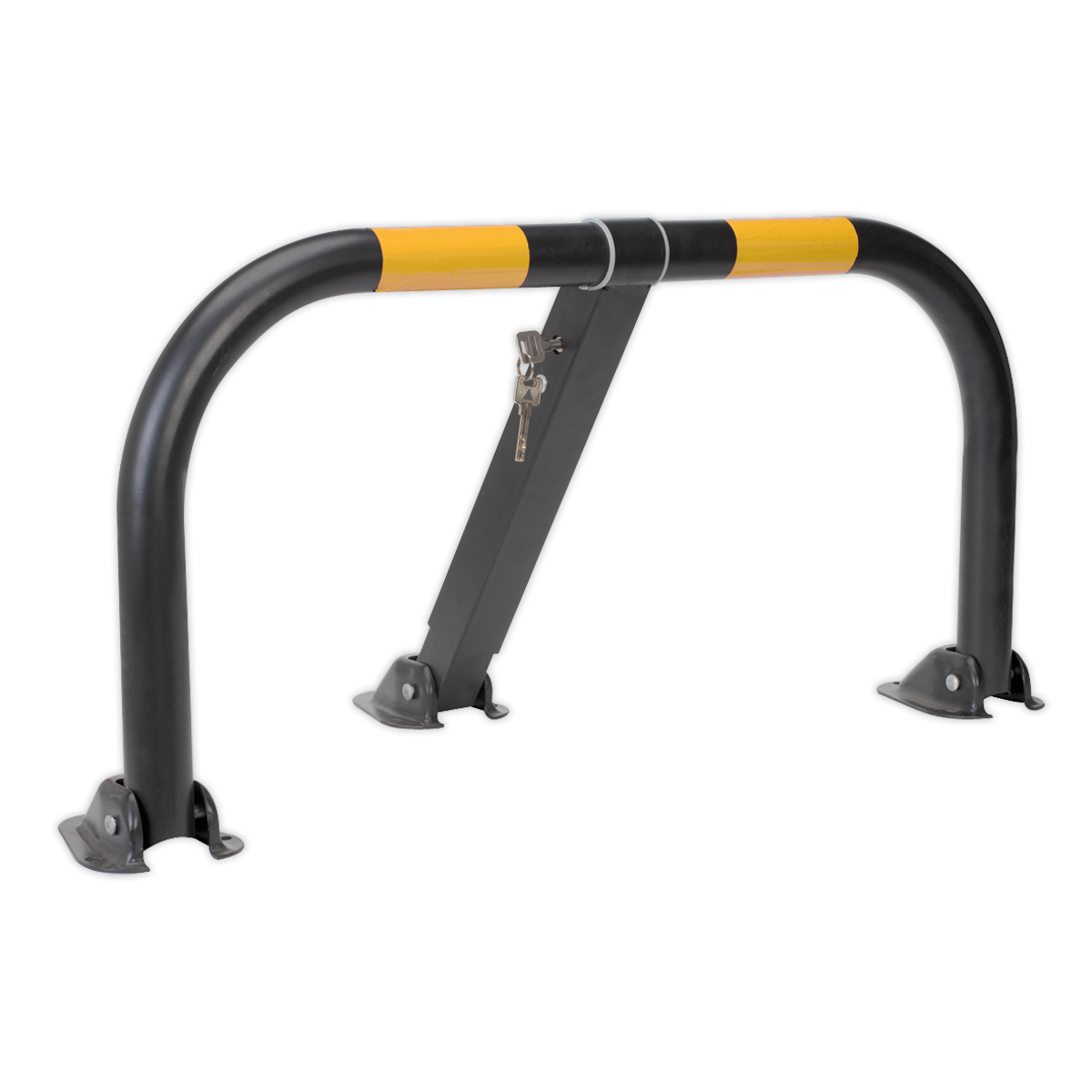 The Sealey Parking Barrier Triple Leg Integral Lock - PB298 is a heavy-duty, U-shaped parking barrier with an integral lock, featuring a black and yellow powder coat finish.