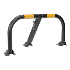 The Sealey Parking Barrier Triple Leg Integral Lock - PB298 is a heavy-duty, U-shaped parking barrier with an integral lock, featuring a black and yellow powder coat finish.