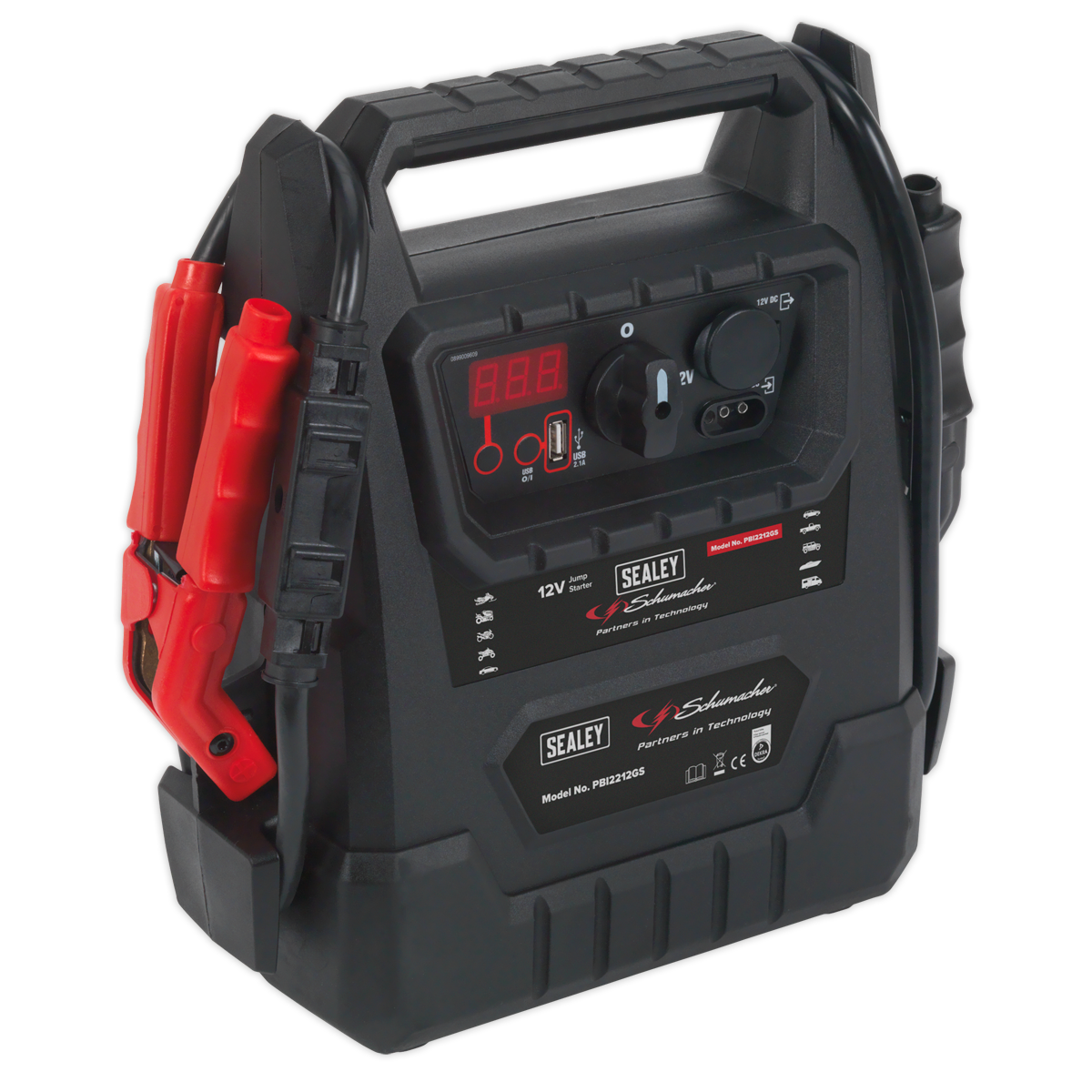 The Schumacher® RoadStart® Emergency Jump Starter 12V 2300 Peak Amps - DEKRA Approved - PBI2212GS is a portable emergency jump starter with a digital display, several control buttons, and red and black clamps. It features the "Sealey" logo and functions as a professional-grade AGM battery device that also serves as an automatic maintenance charger.