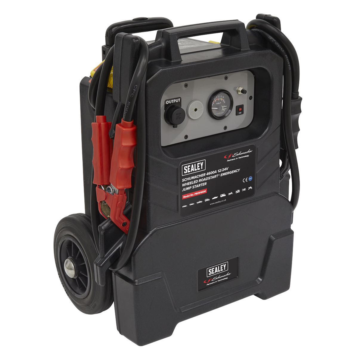 Introducing the Schumacher® Wheeled RoadStart® Emergency Jump Starter 12/24V 500hp - PBIW4600 by Sealey, featuring heavy-duty clamps and a control panel with an output gauge and charge level indicator. It comes equipped with a high-performance AGM battery, handle, and wheels for easy transport.