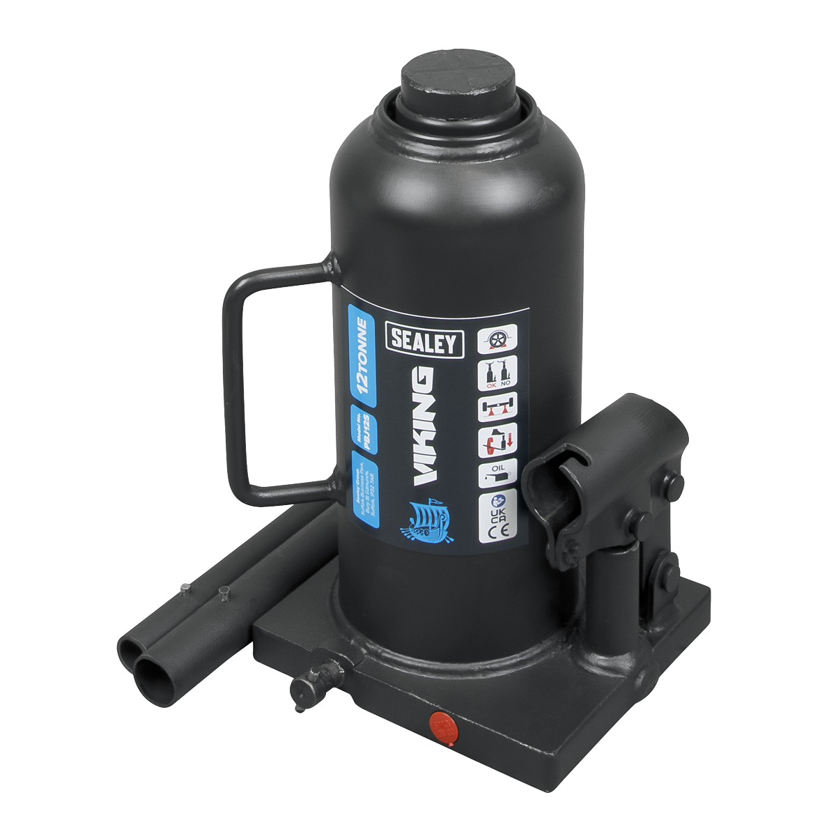 The Sealey Bottle Jack 12 Tonne - PBJ12S is a black hydraulic jack with a capacity label reading "12 Tonne" and various safety symbols. It includes a 2-piece handle, a sturdy machine-welded frame, and an overload valve for added safety.