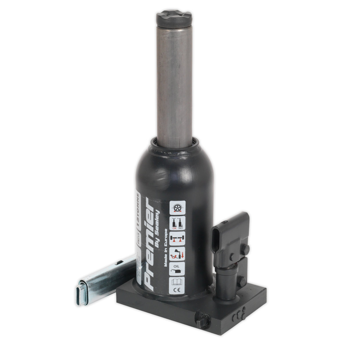 The Premier Bottle Jack 15 Tonne - PBJ15 by Sealey, available in black, is equipped with a telescopic pump handle and labeled instructions on the side. It features a safety overload valve and is designed for lifting vehicles or heavy objects. This product also comes with a 3-year guarantee.