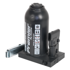 The Sealey Premier Bottle Jack 15 Tonne - PBJ15, featuring a robust black design, comes with clear safety instructions, a telescopic pump handle, and a detachable handle. This powerful tool is equipped with a safety overload valve and offers a reassuring 3-year guarantee.