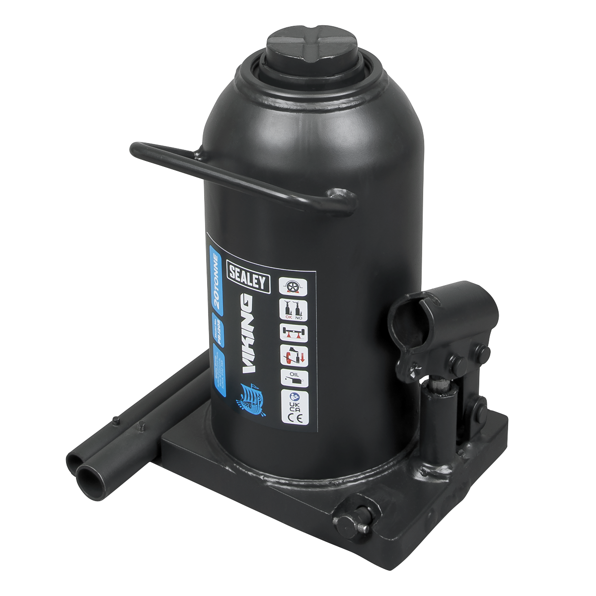 The Sealey Bottle Jack 20 Tonne - PBJ20S, designed for lifting vehicles, features a durable machine-welded body and an overload valve for added safety. The 2-piece handle ensures easy operation, and clear instructions are printed on the jack's body.