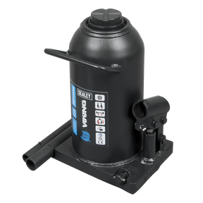 The Sealey Bottle Jack 20 Tonne - PBJ20S, designed for lifting vehicles, features a durable machine-welded body and an overload valve for added safety. The 2-piece handle ensures easy operation, and clear instructions are printed on the jack's body.